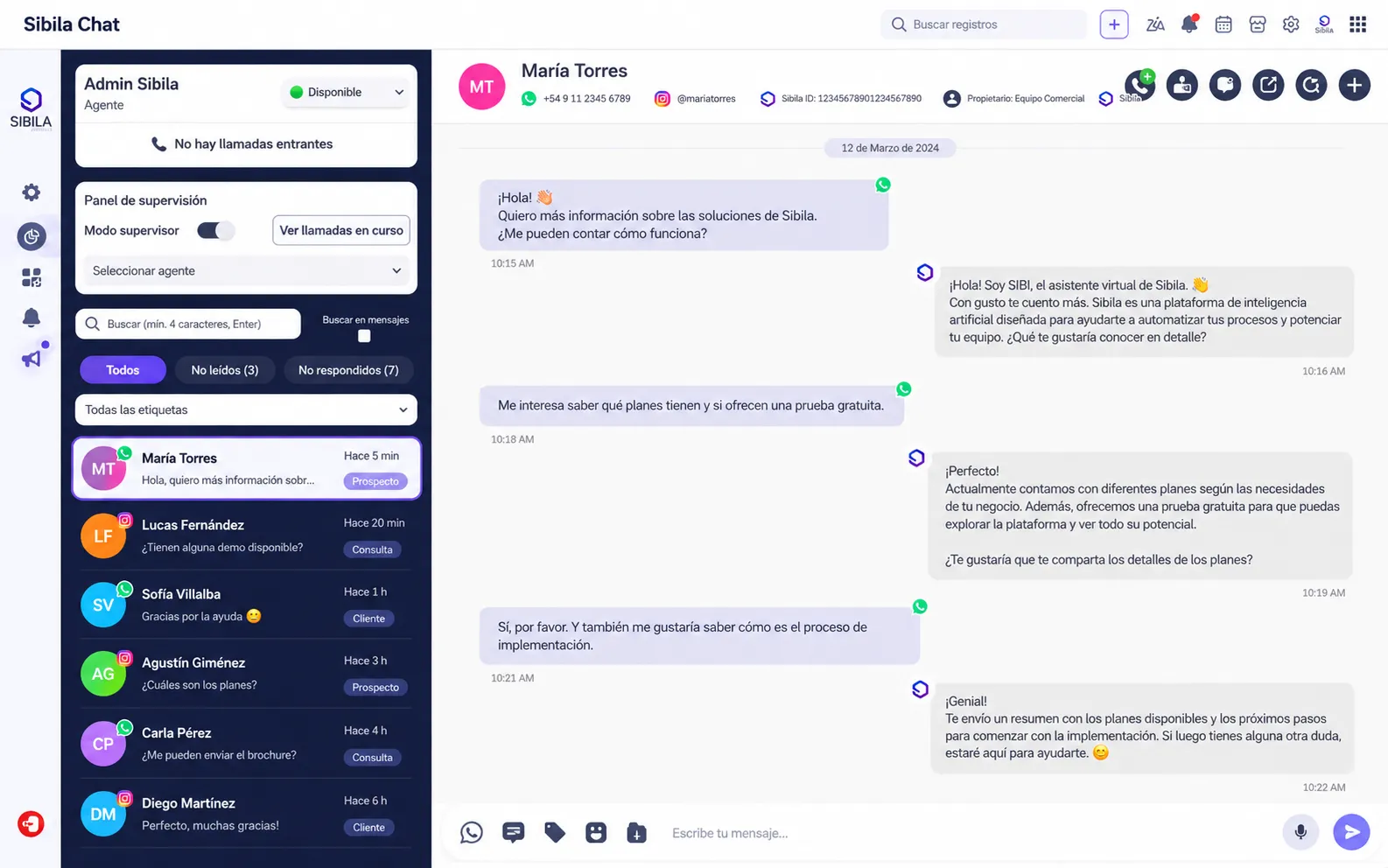 Bandeja de Sibila con conversaciones asignadas por agente y etiquetas