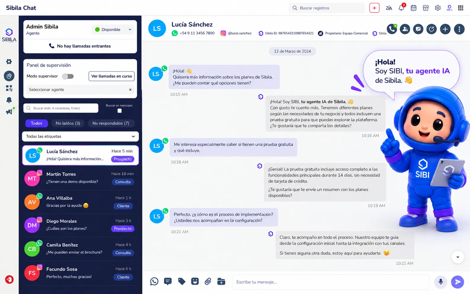 Sibi AI Bot respondiendo una conversación en la bandeja