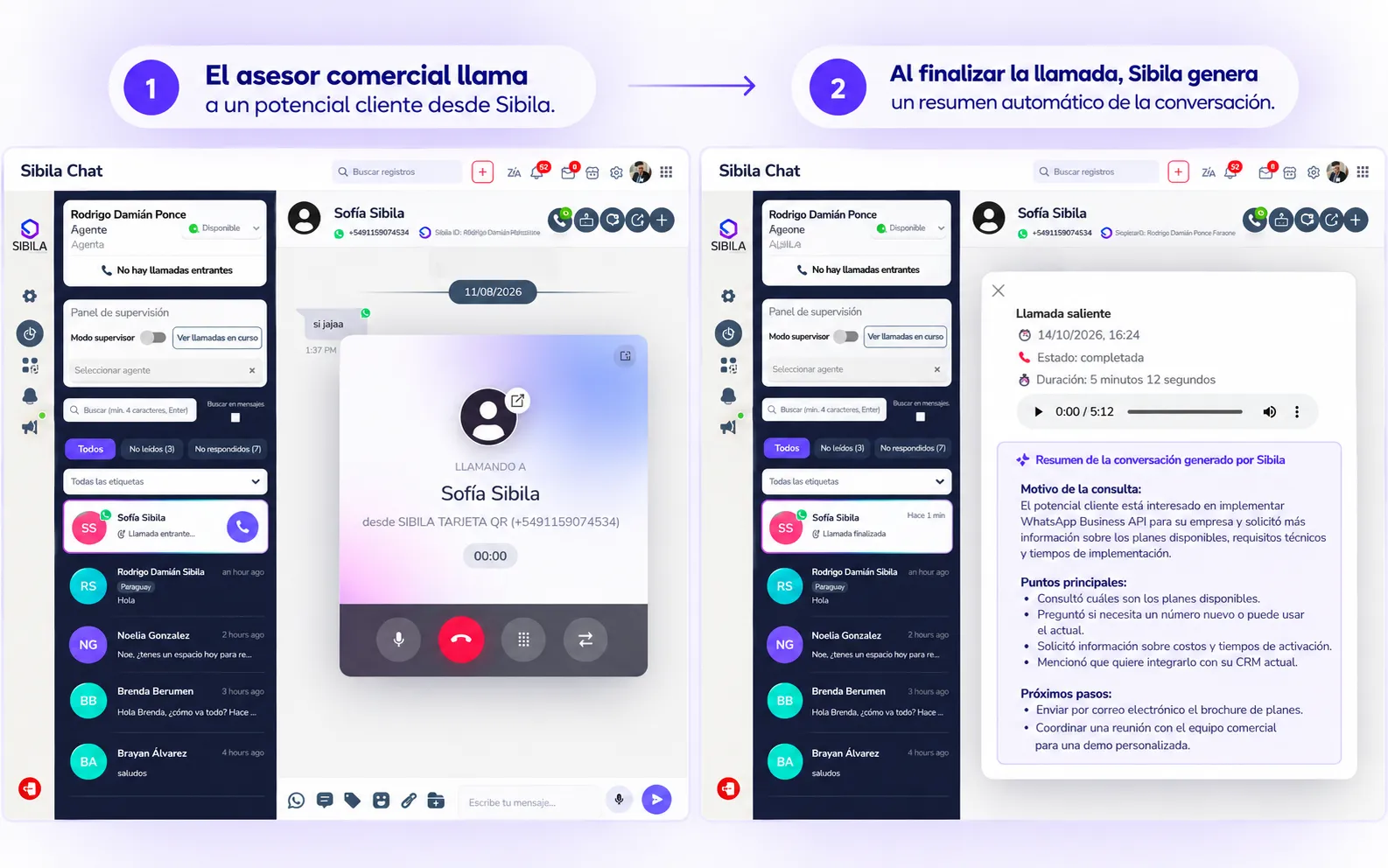 Llamada saliente desde Sibila y resumen automático de la conversación