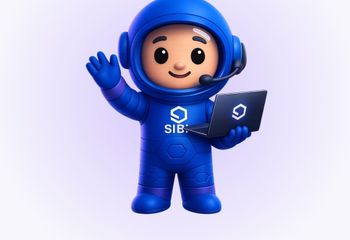 Sibi, el astronauta de Sibila, saludando con una laptop