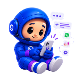 Sibi, el astronauta de Sibila, con el celular y los canales WhatsApp, Instagram y Messenger